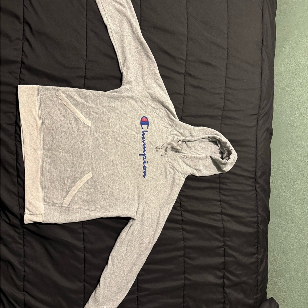 Champion Light Gray Hoodie with Blue Logo